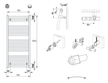 CONCEPT 100 KTO koupelnový radiátor 1860/600, boční připojení, bílá RAL9016 KTO-186060-11-10 Technický nákres
