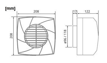 CATA CB-250 PLUS radiální ventilátor 96 mm, nástěnný/stropní, se zpětnou klapkou 00850000 Technický nákres