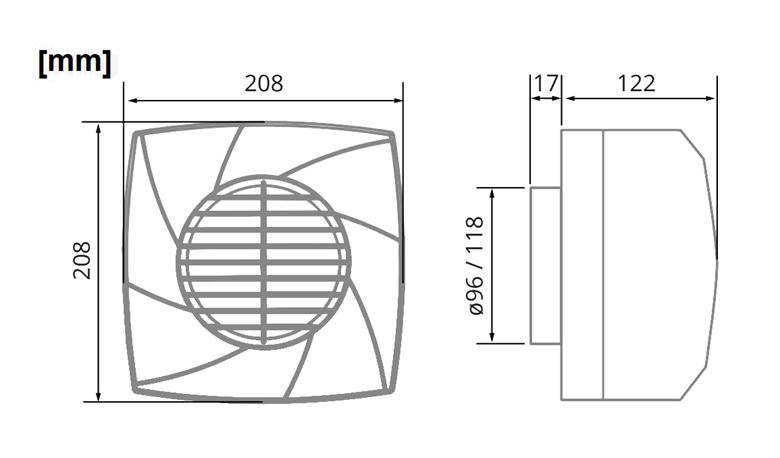 CATA CB-250 PLUS radiální ventilátor 96 mm, nástěnný/stropní, se zpětnou klapkou 00850000 Technický nákres
