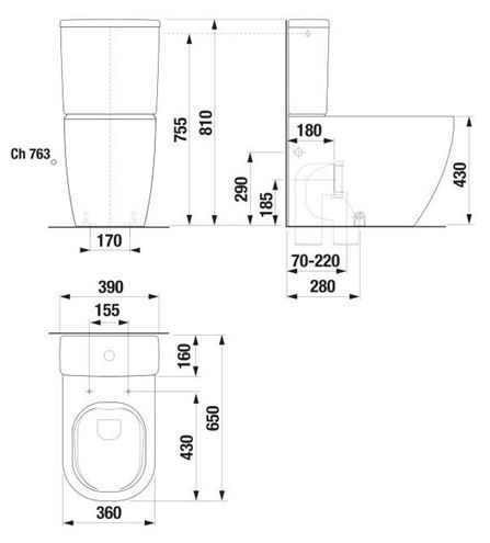 JIKA MIO-N WC kombi mísa, Rimless splachování, vario odpad H8267160002311 Technický nákres