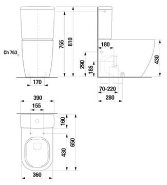 JIKA MIO-N WC kombi mísa, Rimless splachování, vario odpad H8267160002311 Technický nákres