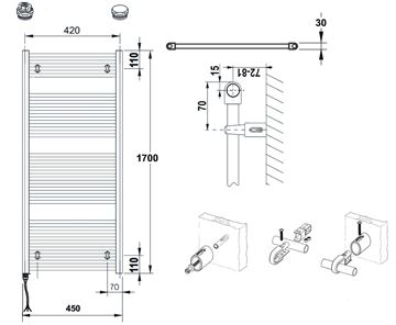 CONCEPT 100 KTKE koupelnový radiátor 1700/450, elektrický, s topnou tyčí, bílá RAL9016 KTK-170045-11E10 Technický nákres