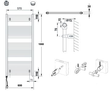 CONCEPT 100 KTKE koupelnový radiátor 1860/600, elektrický, s topnou tyčí, bílá RAL9016 KTK-186060-11E10 Technický nákres