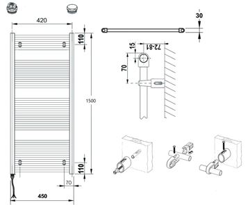 CONCEPT 100 KTKE koupelnový radiátor 1500/450, elektrický, s topnou tyčí, bílá RAL9016 KTK-150045-11E10 Technický nákres