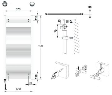 CONCEPT 100 KTKE koupelnový radiátor 1500/600, elektrický, s topnou tyčí, bílá RAL9016 KTK-150060-11E10 Technický nákres