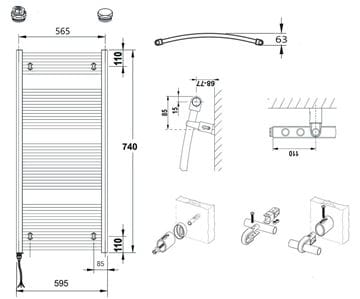 CONCEPT 100 KTOE koupelnový radiátor 740/600, elektrický, s topnou tyčí, bílá RAL9016 KTO-074060-11E10 Technický nákres