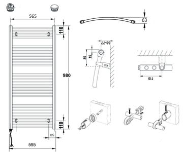 CONCEPT 100 KTOE koupelnový radiátor 980/600, elektrický, s topnou tyčí, bílá RAL9016 KTO-098060-11E10 Technický nákres