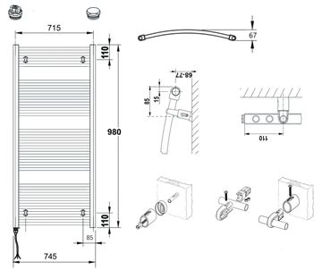 CONCEPT 100 KTOE koupelnový radiátor 980/750, elektrický, s topnou tyčí, bílá RAL9016 KTO-098075-11E10 Technický nákres