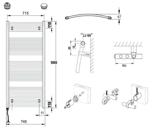 CONCEPT 100 KTOE koupelnový radiátor 980/750, elektrický, s topnou tyčí, bílá RAL9016 KTO-098075-11E10 Technický nákres