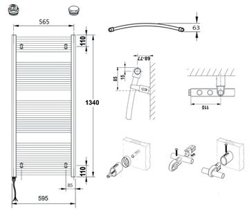 CONCEPT 100 KTOE koupelnový radiátor 1340/600, elektrický, s topnou tyčí, bílá RAL9016 KTO-134060-11E10 Technický nákres