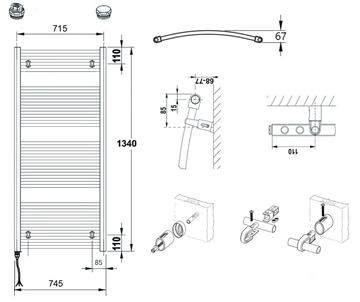 CONCEPT 100 KTOE koupelnový radiátor 1340/750, elektrický, s topnou tyčí, bílá RAL9016 KTO-134075-11E10 Technický nákres