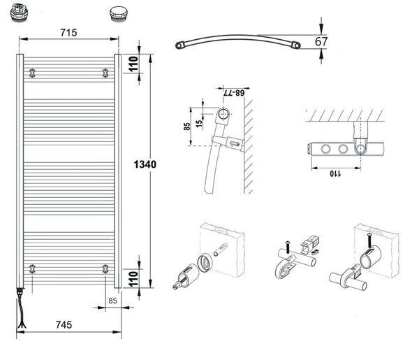 CONCEPT 100 KTOE koupelnový radiátor 1340/750, elektrický, s topnou tyčí, bílá RAL9016 KTO-134075-11E10 Technický nákres