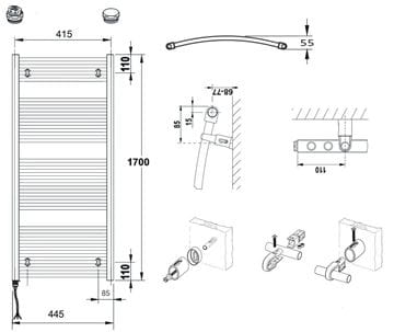 CONCEPT 100 KTOE koupelnový radiátor 1700/450, elektrický, s topnou tyčí, bílá RAL9016 KTO-170045-11E10 Technický nákres
