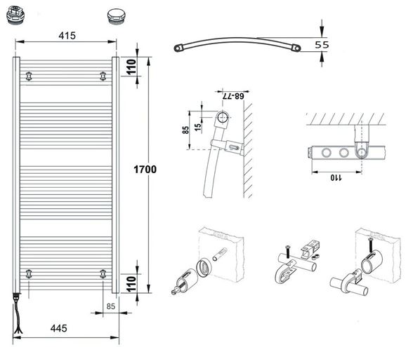CONCEPT 100 KTOE koupelnový radiátor 1700/450, elektrický, s topnou tyčí, bílá RAL9016 KTO-170045-11E10 Technický nákres