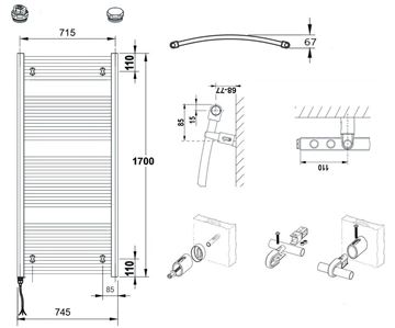 CONCEPT 100 KTOE koupelnový radiátor 1700/750, elektrický, s topnou tyčí, bílá RAL9016 KTO-170075-11E10 Technický nákres