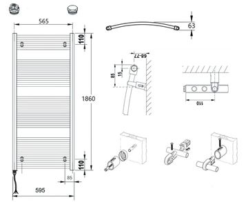 CONCEPT 100 KTOE koupelnový radiátor 1860/600, elektrický, s topnou tyčí, bílá RAL9016 KTO-186060-11E10 Technický nákres