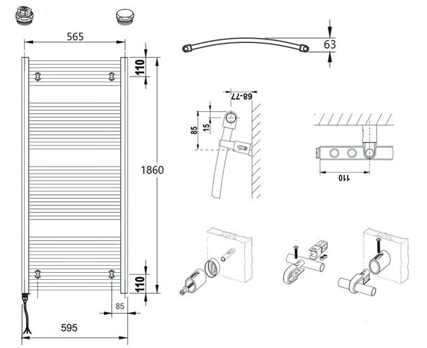 CONCEPT 100 KTOE koupelnový radiátor 1860/600, elektrický, s topnou tyčí, bílá RAL9016 KTO-186060-11E10 Technický nákres