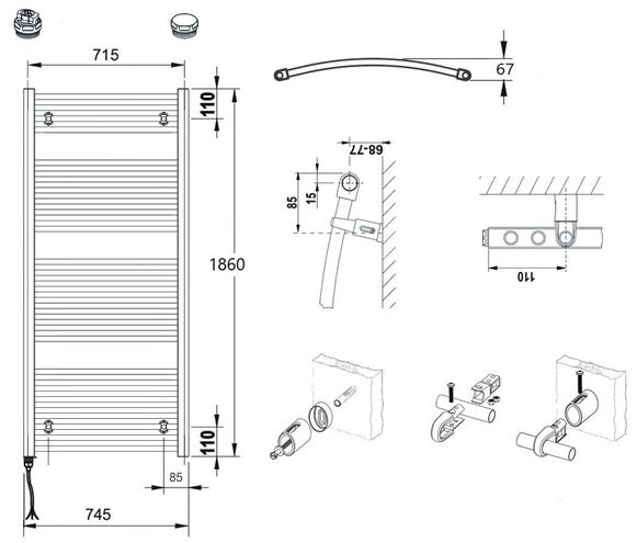 CONCEPT 100 KTOE koupelnový radiátor 1860/750, elektrický, s topnou tyčí, bílá RAL9016 KTO-186075-11E10 Technický nákres