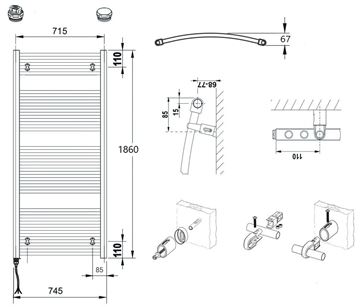 CONCEPT 100 KTOE koupelnový radiátor 1860/750, elektrický, s topnou tyčí, bílá RAL9016 KTO-186075-11E10 Technický nákres