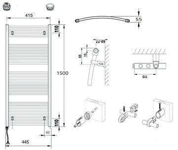 CONCEPT 100 KTOE koupelnový radiátor 1500/450, elektrický, s topnou tyčí, bílá RAL9016 KTO-150045-11E10 Technický nákres