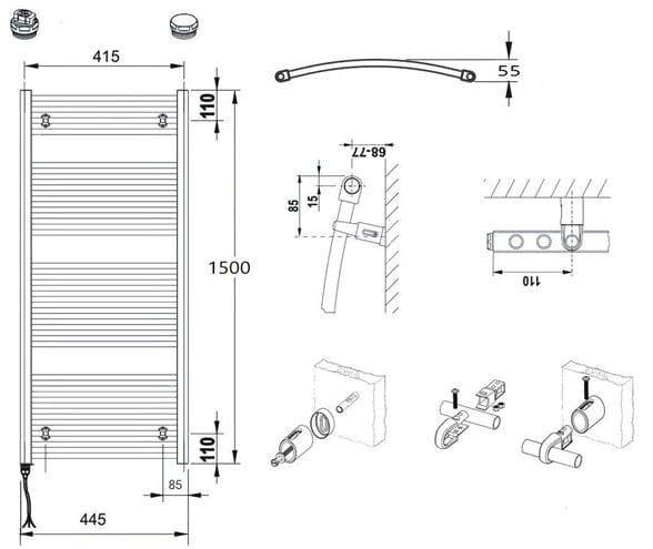 CONCEPT 100 KTOE koupelnový radiátor 1500/450, elektrický, s topnou tyčí, bílá RAL9016 KTO-150045-11E10 Technický nákres