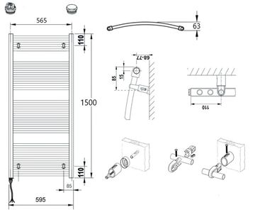 CONCEPT 100 KTOE koupelnový radiátor 1500/600, elektrický, s topnou tyčí, bílá RAL9016 KTO-150060-11E10 Technický nákres