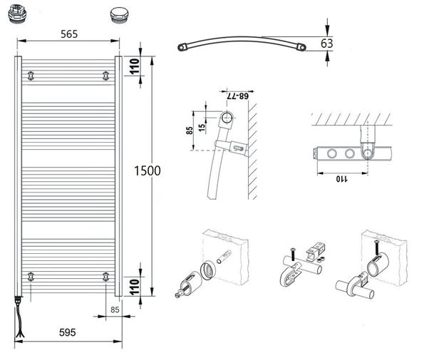 CONCEPT 100 KTOE koupelnový radiátor 1500/600, elektrický, s topnou tyčí, bílá RAL9016 KTO-150060-11E10 Technický nákres