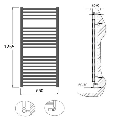 CONCEPT 200 VIOLA koupelnový radiátor 1255/550, boční připojení, matná bílá RAL9016 MAT CVL12550550SK055003 Technický nákres