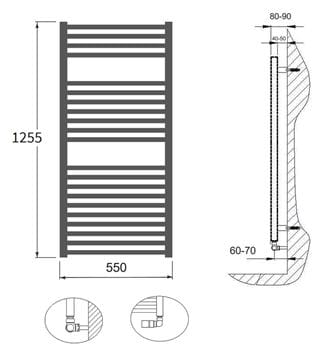 CONCEPT 200 VIOLA koupelnový radiátor 1255/550, boční připojení, matná bílá RAL9016 MAT CVL12550550SK055003 Technický nákres