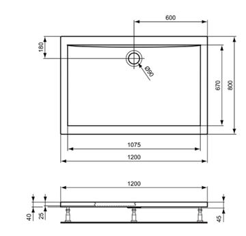 IDEAL STANDARD ULTRA FLAT sprchová vanička 120x80 cm, akrylát, bez nožiček K518201 Technický nákres