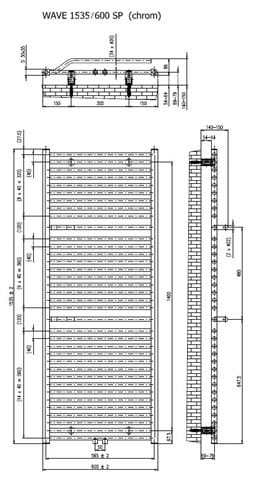 CONCEPT 200 WAVE koupelnový radiátor 600/1535, středové připojení, matná bílá RAL9016 DAVS15350600SM055006 Technický nákres