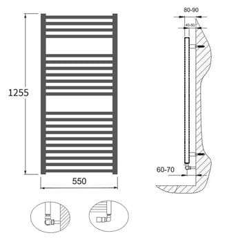 CONCEPT 200 VIOLA koupelnový radiátor 1255/550, boční připojení, matná černá CVL12550550SK515003 Technický nákres