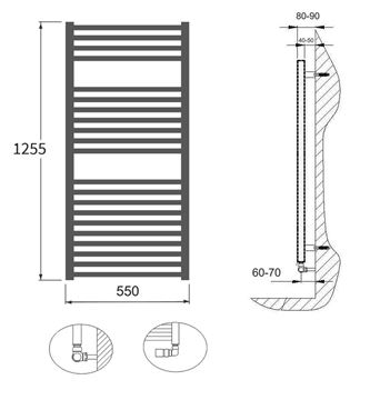 CONCEPT 200 VIOLA koupelnový radiátor 1255/550, boční připojení, pískovec struktura S13 CVL12550550SK725003 Technický nákres