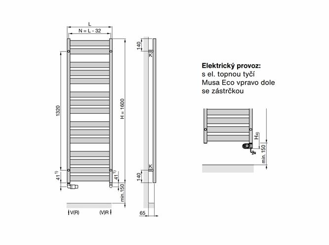ZEHNDER ZETA koupelnový radiátor 1674/600, elektrický, s topnou tyčí, černá RAL9005 ZETBE-160-060/MQ Technický nákres