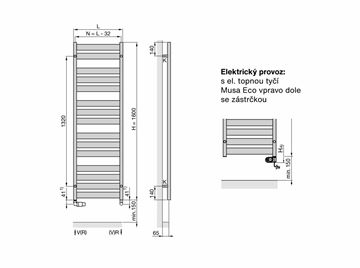 ZEHNDER ZETA koupelnový radiátor 1674/600, elektrický, s topnou tyčí, černá RAL9005 ZETBE-160-060/MQ Technický nákres
