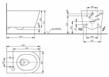 CONCEPT 300 závěsné WC pro bidetové sedátko TOTO WASHLET RW, Tornado Flush splachování 542ERY-CON-MW-R Technický nákres
