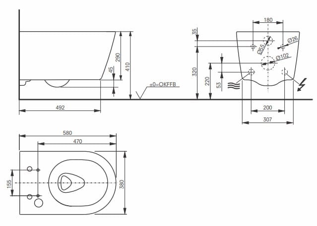 CONCEPT 300 závěsné WC pro bidetové sedátko TOTO WASHLET RW, Tornado Flush splachování 542ERY-CON-MW-R Technický nákres