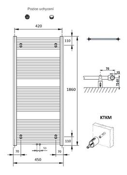 CONCEPT 100 KTKM koupelnový radiátor 1860/450, středové připojení, bílá RAL9016 KTK-186045-11M10 Technický nákres