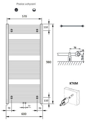CONCEPT 100 KTKM koupelnový radiátor 980/600, středové připojení, bílá RAL9016 KTK-098060-11M10 Technický nákres