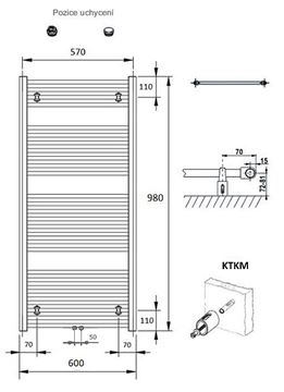 CONCEPT 100 KTKM koupelnový radiátor 980/600, středové připojení, bílá RAL9016 KTK-098060-11M10 Technický nákres