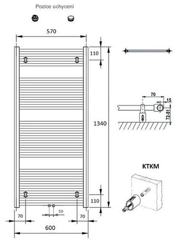 CONCEPT 100 KTKM koupelnový radiátor 1340/600, středové připojení, bílá RAL9016 KTK-134060-11M10 Technický nákres
