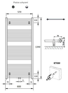CONCEPT 100 KTKM koupelnový radiátor 1340/600, středové připojení, bílá RAL9016 KTK-134060-11M10 Technický nákres
