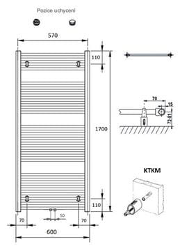 CONCEPT 100 KTKM koupelnový radiátor 1700/600, středové připojení, bílá RAL9016 KTK-170060-11M10 Technický nákres