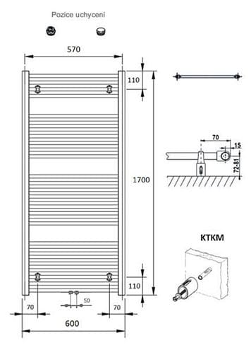 CONCEPT 100 KTKM koupelnový radiátor 1700/600, středové připojení, bílá RAL9016 KTK-170060-11M10 Technický nákres