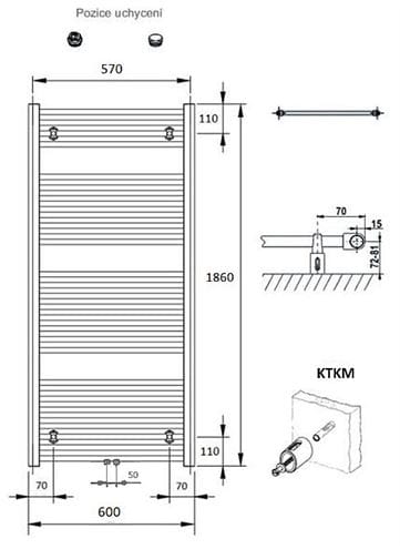CONCEPT 100 KTKM koupelnový radiátor 1860/600, středové připojení, bílá RAL9016 KTK-186060-11M10 Technický nákres