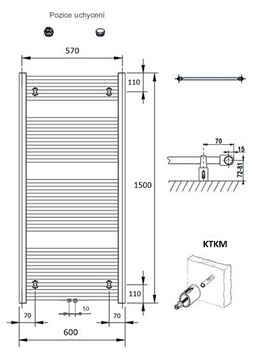 CONCEPT 100 KTKM koupelnový radiátor 1500/600, středové připojení, bílá RAL9016 KTK-150060-11M10 Technický nákres