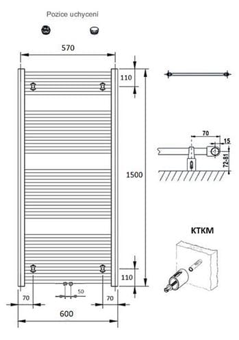 CONCEPT 100 KTKM koupelnový radiátor 1500/600, středové připojení, bílá RAL9016 KTK-150060-11M10 Technický nákres