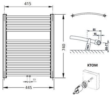 CONCEPT 100 KTOM koupelnový radiátor 740/450, středové připojení, bílá RAL9016 KTO-074045-11M10 Technický nákres