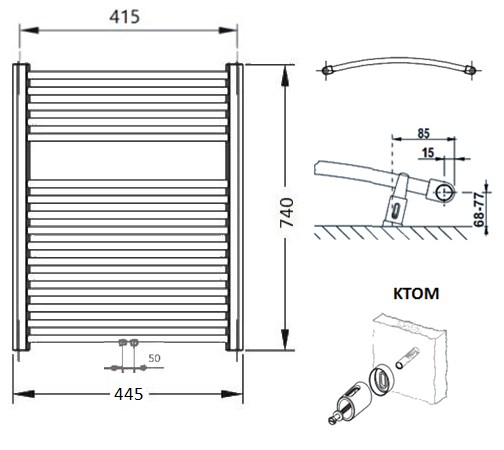 CONCEPT 100 KTOM koupelnový radiátor 740/450, středové připojení, bílá RAL9016 KTO-074045-11M10 Technický nákres