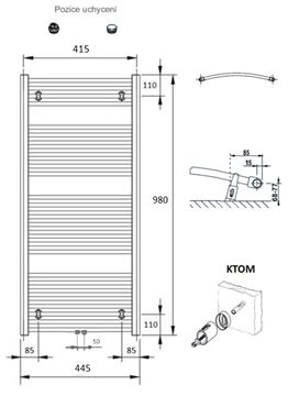 CONCEPT 100 KTOM koupelnový radiátor 980/450, středové připojení, bílá RAL9016 KTO-098045-11M10 Technický nákres